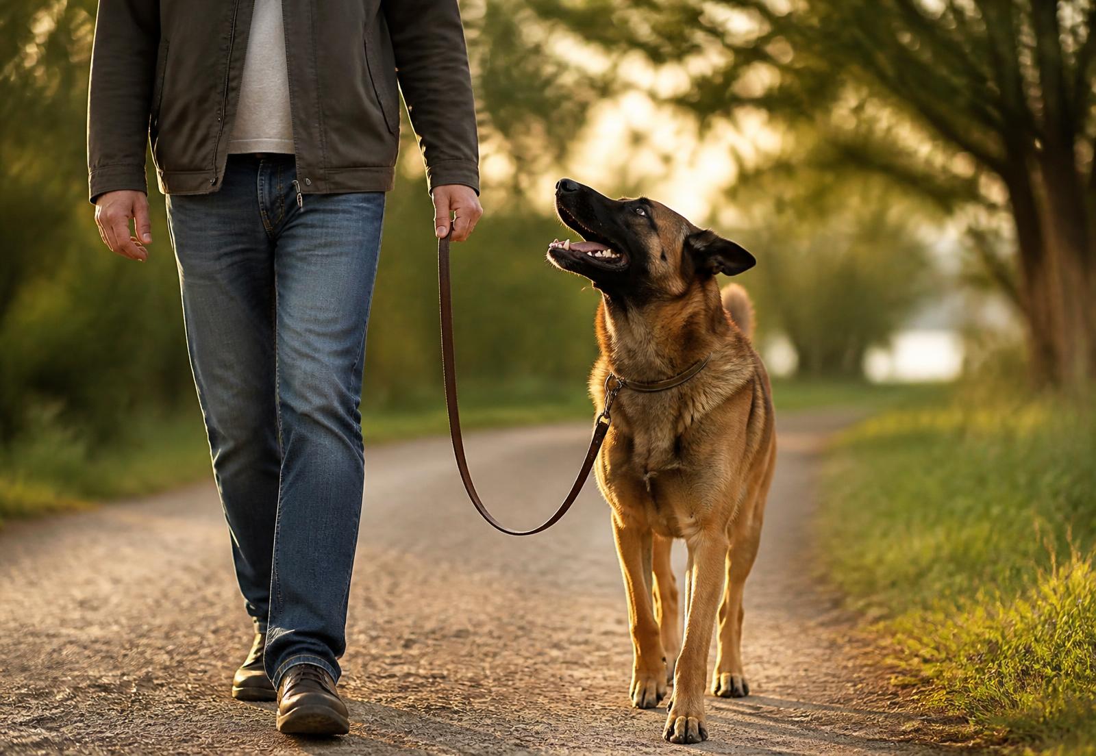 Ruhiger Hund läuft an locker durchhängender Leine neben seinem Halter
