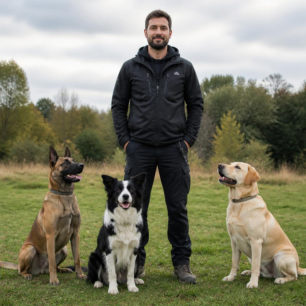 Hundetrainer Timur steht ruhig auf einer Wiese, drei Hunde sitzen aufmerksam bei ihm